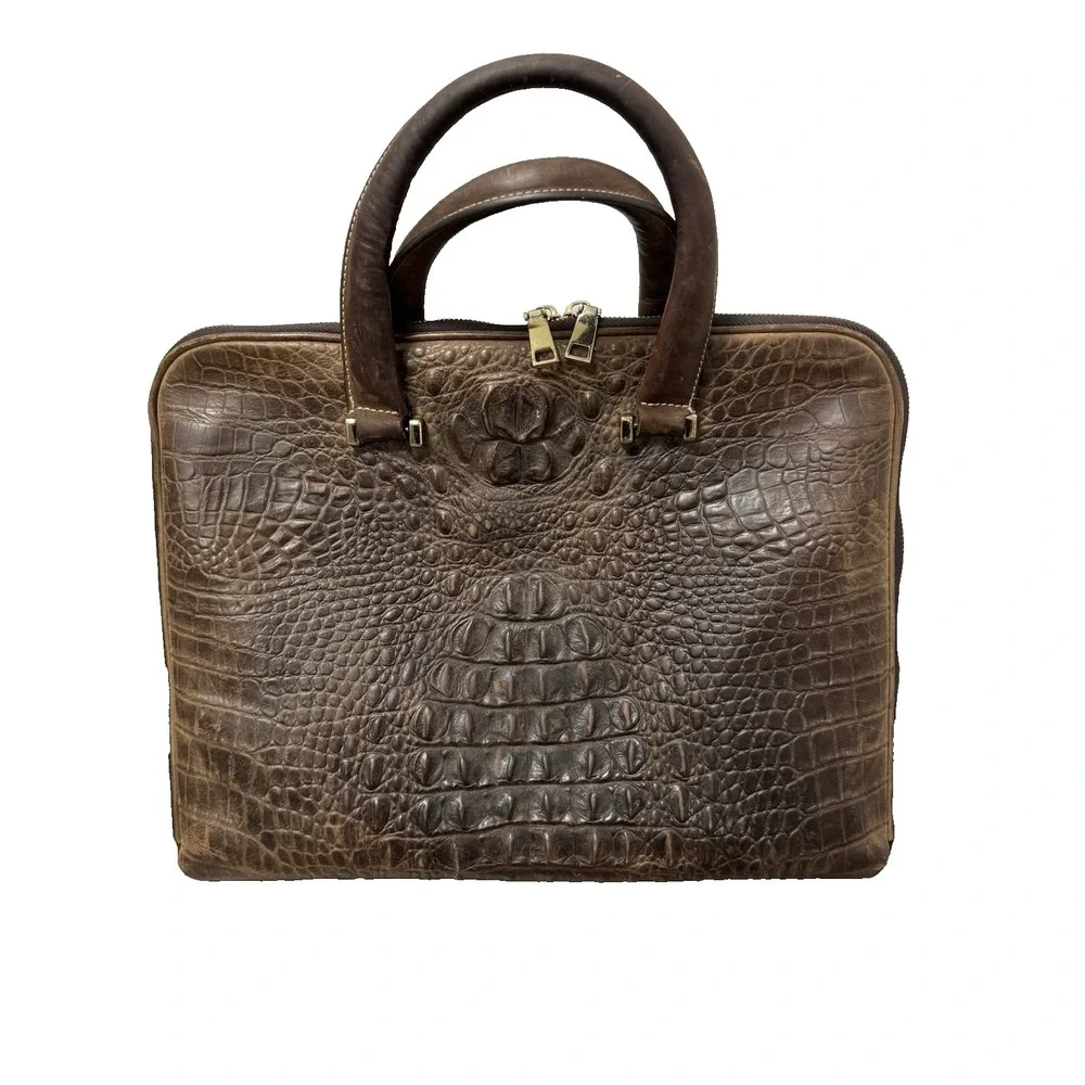 Brown Genuine Leather Crocodile Embossed Bag Briefcase Laptop Bag Travel Office